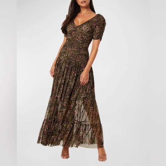 Misa Los Angeles Dresses & Skirts - MISA Rebecca Tiered Ruched Floral Chiffon Dress Short Sleeve Size Small